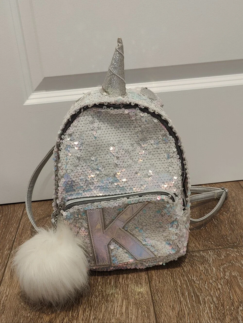 Justice Iridescent Sequin Unicorn Mini Backpack with Letter K And White Pom